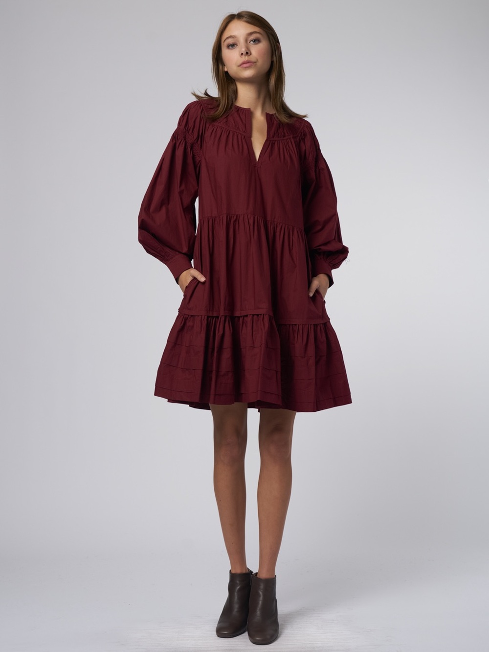 Ulla Johnson Burgundy Tiered Puff-Sleeve Mini Dress